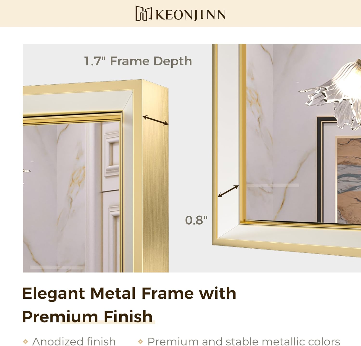 Keonjinn Espejo de baño LED dorado de 60 x 36 pulgadas con parte delantera, luz en ángulo de 45, difusor biselado, espejo de pared dorado con marco
