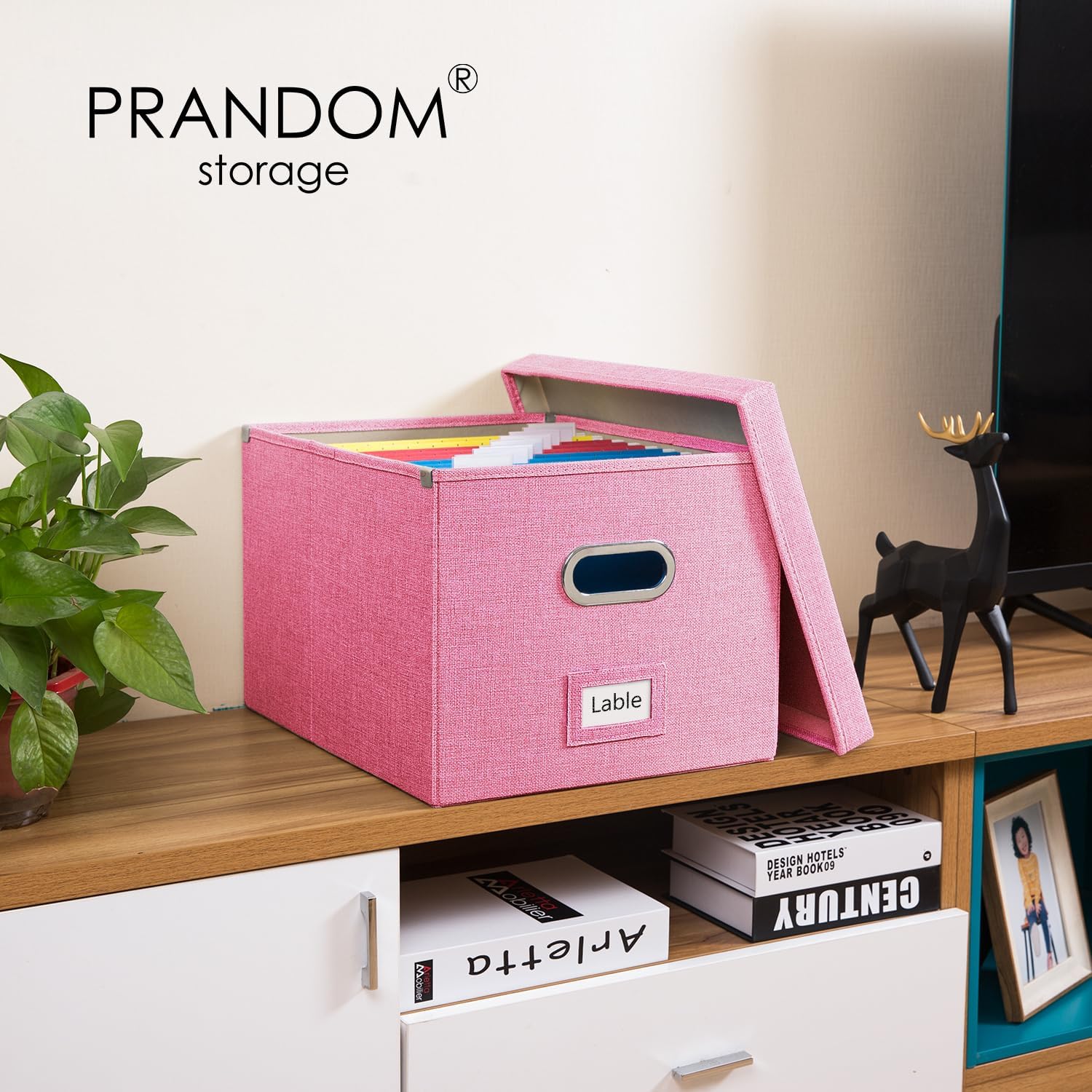 PRANDOM Caja organizadora de archivos, juego de 4 carpetas plegables decorativas de lino para almacenamiento de archivos colgantes con tapas,