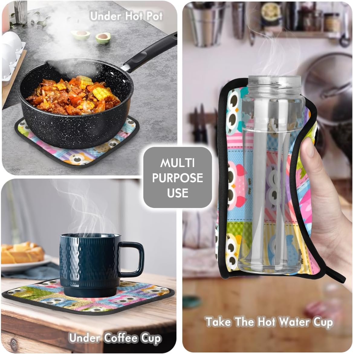 Juego de manoplas de horno y soportes para ollas de búhos coloridos y divertidos, resistentes al calor, guantes de horno antideslizantes y tapete de
