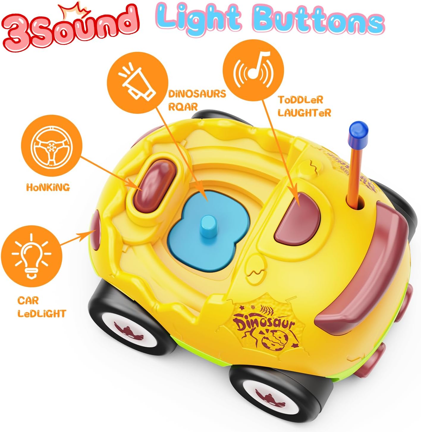 Paquete de 2 autos a control remoto para niños de 2, 3, 4, 5 años, juguetes de dinosaurios para niños pequeños con música, luces y efecto de sonido,