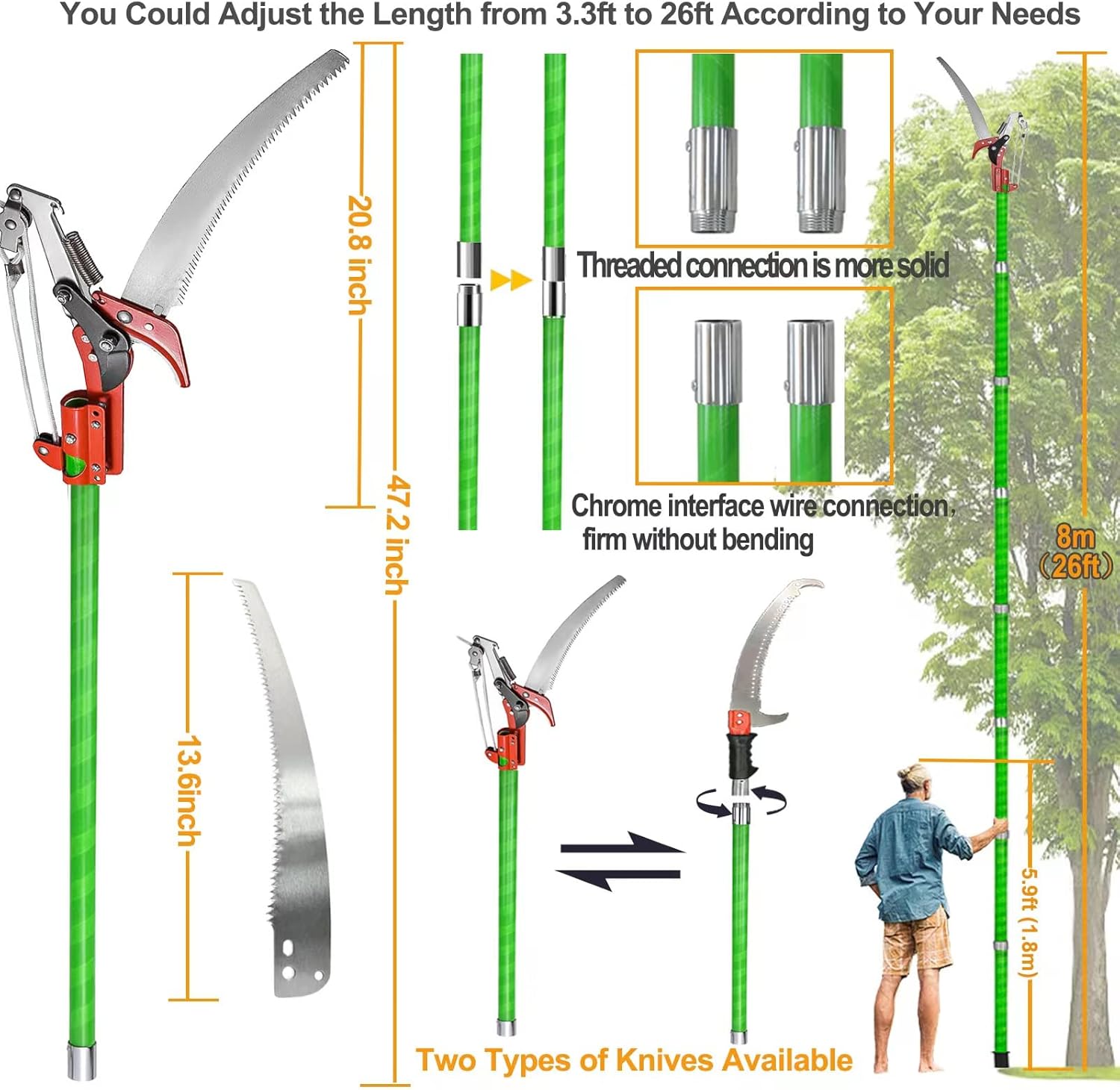Podadora manual de poste de árbol de 26 pies, ramas de sierra de poste de árbol de mango largo (amarillo)
