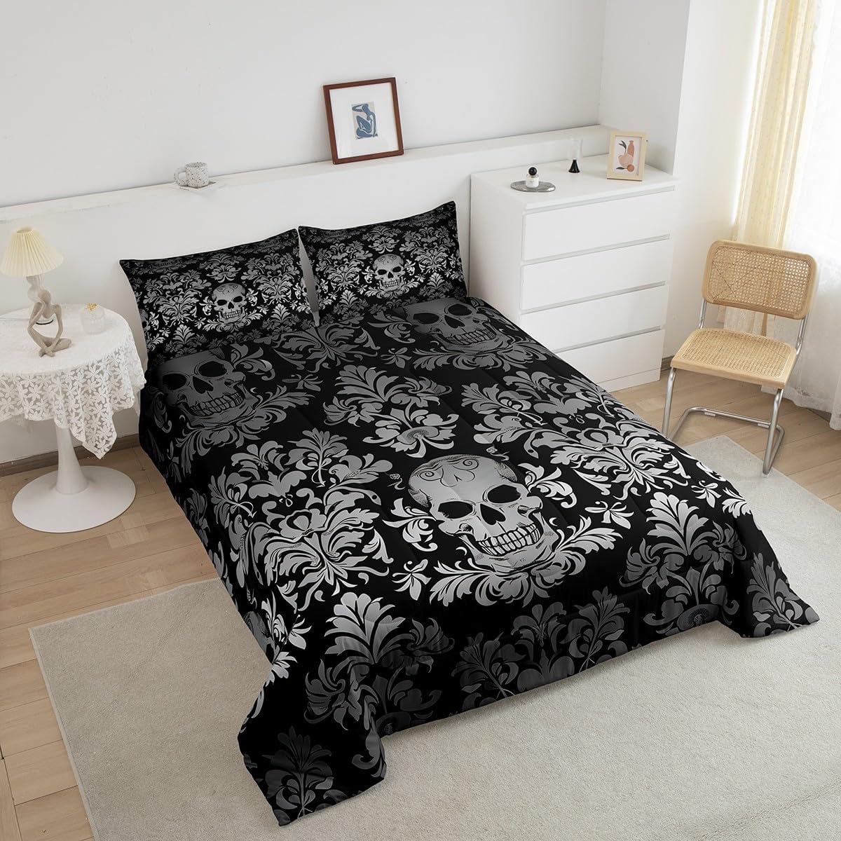 Juego de ropa de cama de damasco gris para adultos, juego de edredón barroco victoriano antiguo, tamaño Queen, edredón floral gótico vintage,