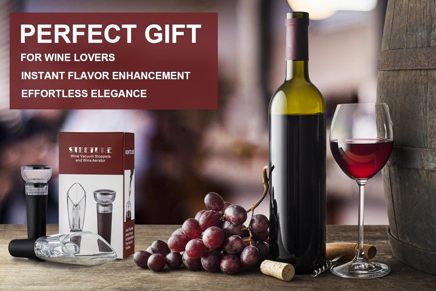 STEETURE Aireador de vino vertedor y tapón de vino bomba de vacío, decantador de vino con aireador sabor mejorado ramo de burbujas mejoradas,