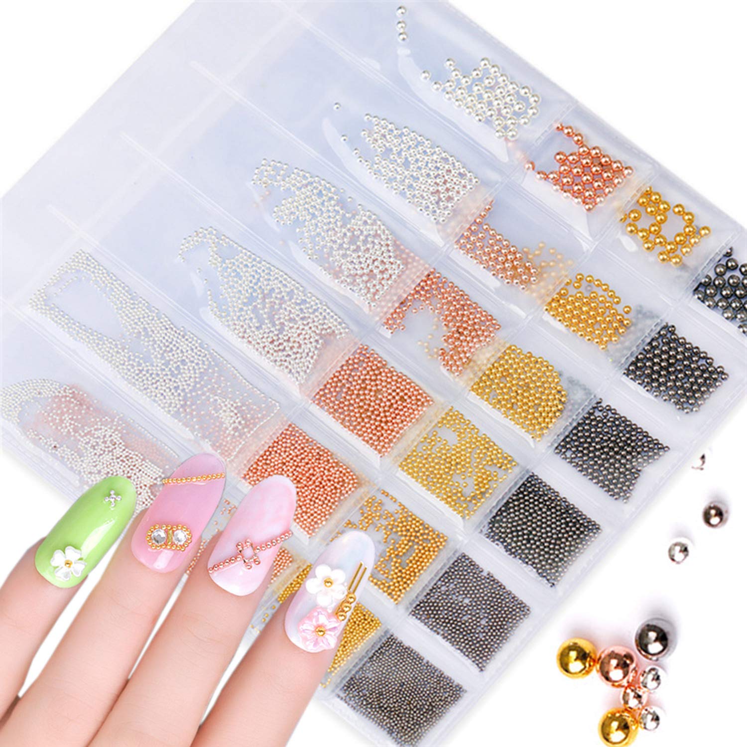 Paquete de 4 cuentas de caviar de uñas, micro cuentas de metal para uñas, decoración de uñas 3D, bola de acero para uñas, plata dorada, gema negra,