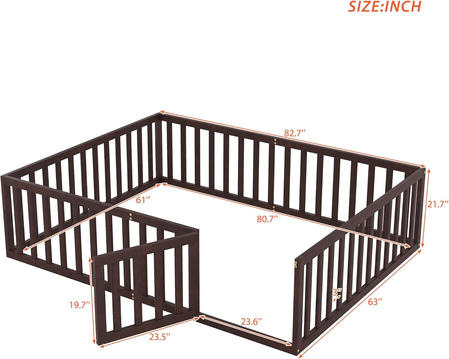 Cama de suelo tamaño Queen para niños, cama Montessori con barandillas en forma de valla y puerta, cama de piso de madera, cama tamaño Queen para