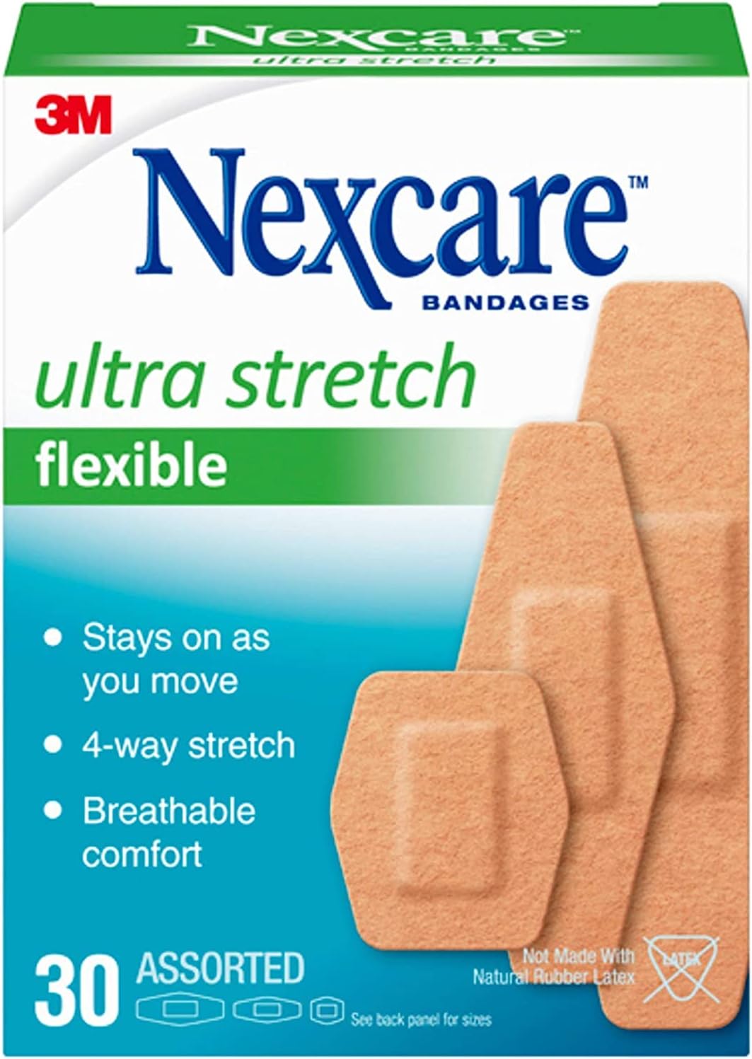 Nexcare Vendajes de tela flexible y resistente, 30 surtidos, paquete de 2