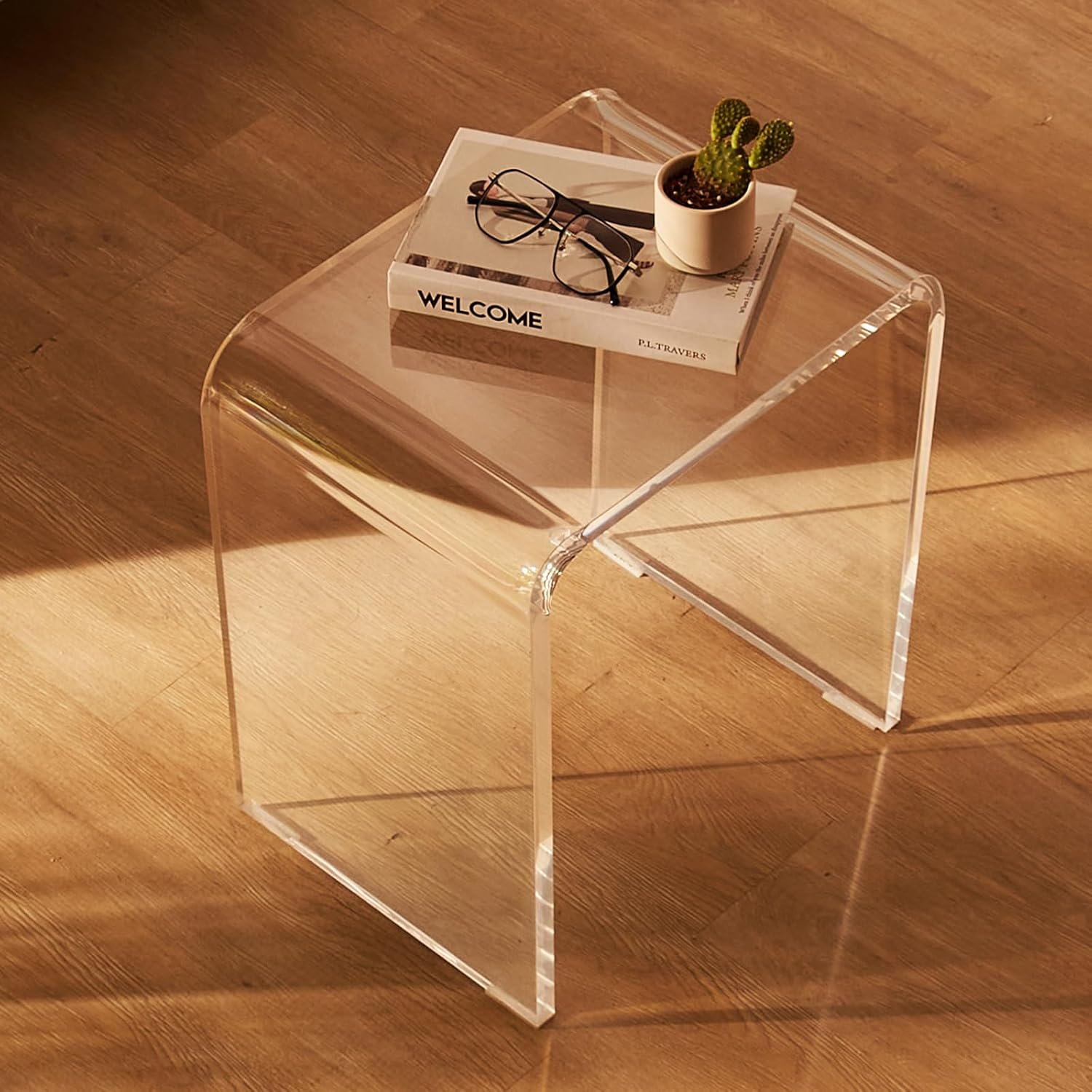 VEVOR Juego de 2 mesas auxiliares de acrílico, mesa auxiliar en forma de U, mesa auxiliar de acrílico transparente con bordes de cascada para