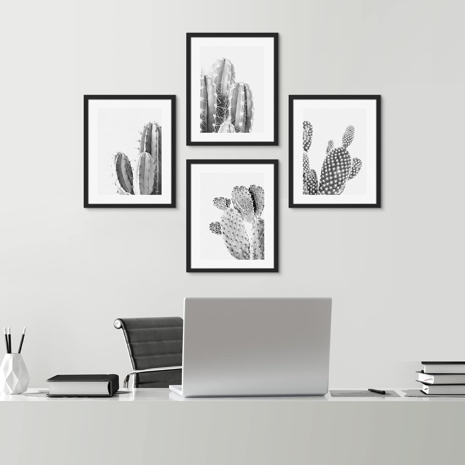 SIGNWIN Arte de pared enmarcado de cactus tropical del desierto del suroeste de Saguaro en blanco y negro, juego de 4 impresiones florales botánicas