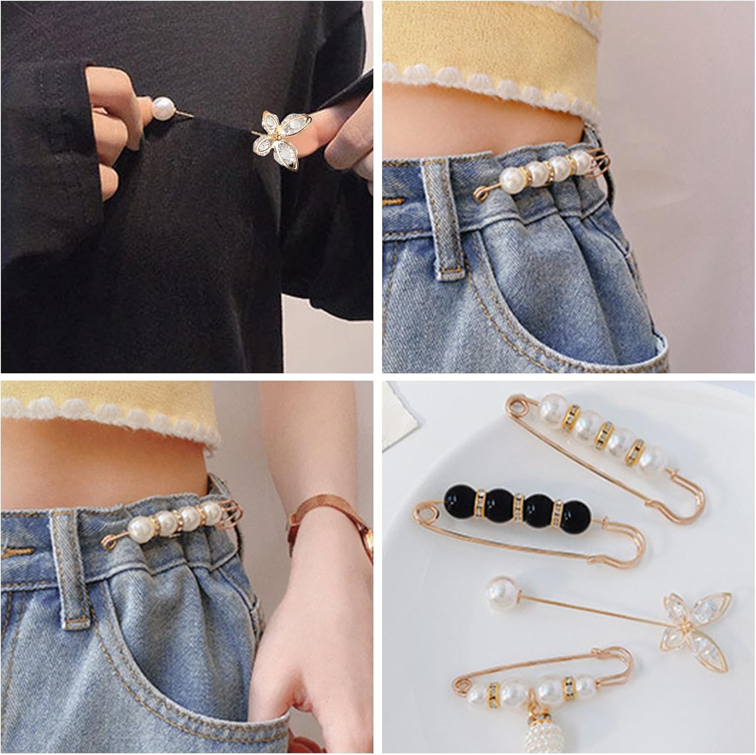 4 broches de perlas, alfileres de seguridad para mujeres y niñas, pantalones de vestir, falda, cuello de cárdigan, broches de diamantes de imitación