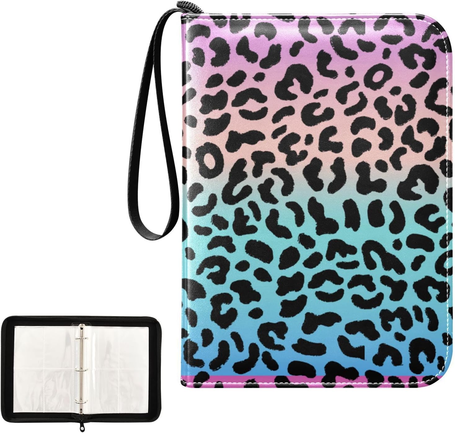 Carpeta de tarjetas coleccionables de leopardo arcoíris con 4 bolsillos con 50 fundas extraíbles, carpeta de álbumes de tarjetas de 3 anillos con