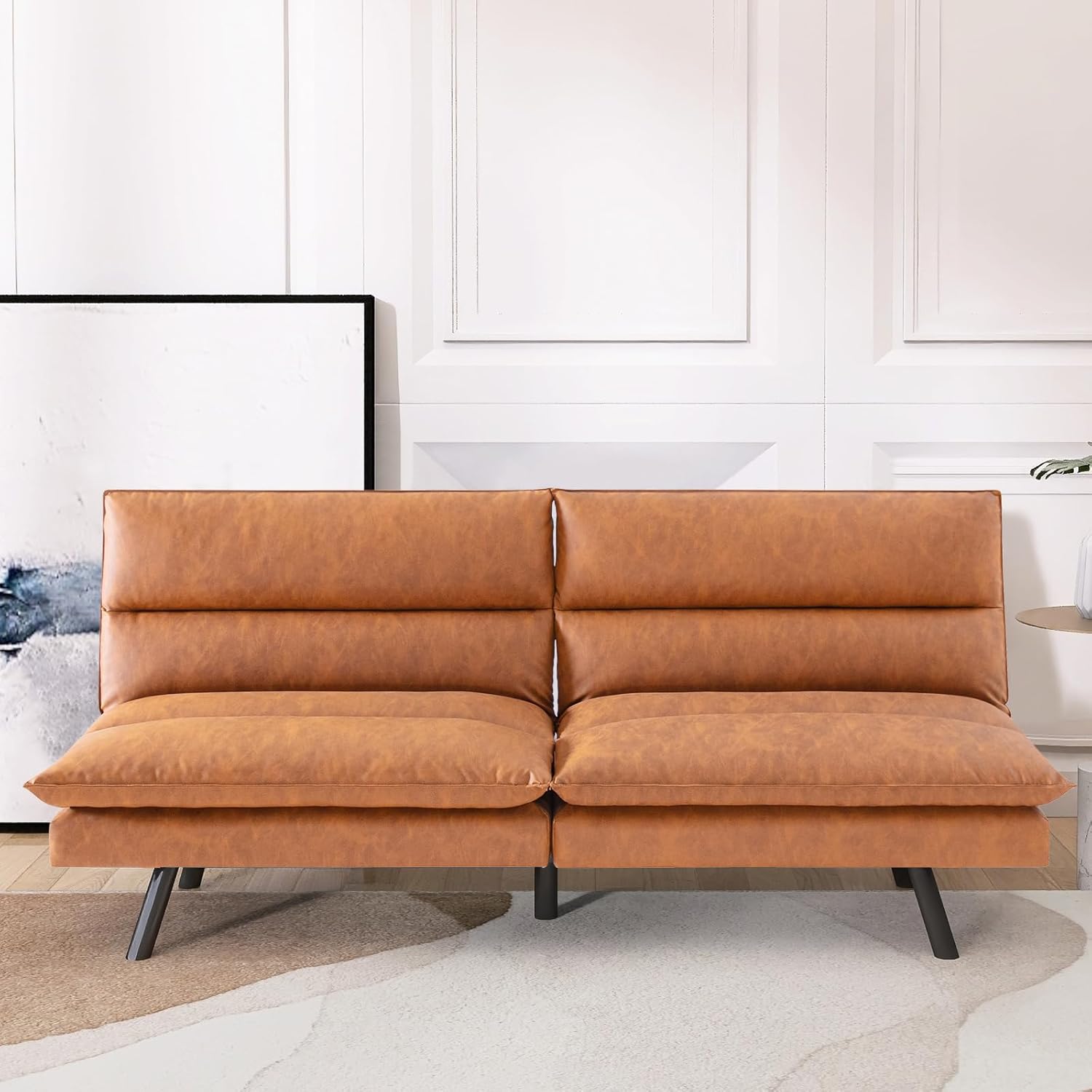 Sofá cama tipo futón convertible, sofá biplaza de espuma viscoelástica de piel sintética marrón, pequeño sofá europeo para espacios de vida