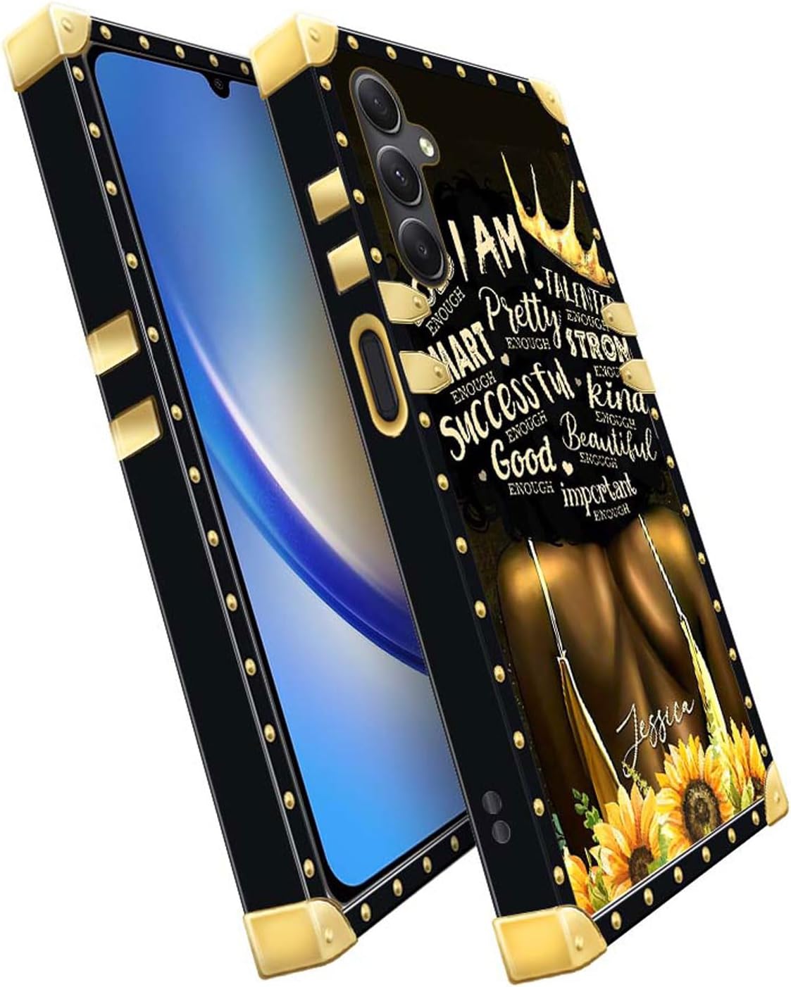 CARLOCA Funda para Samsung Galaxy A54 5G, diseño de girasol negro con espalda sexy, mejora tu estilo con la funda dorada de lujo a prueba de golpes