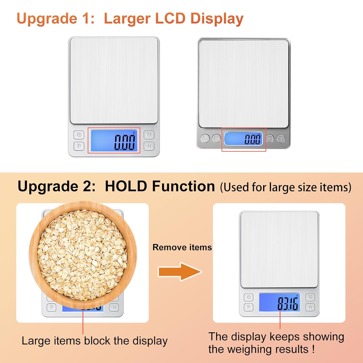 BOMATA Escala digital pequeña mejorada de 0.00 oz2.2 lbs, recargable por USB, con pantalla y retención más grandes, función de tara, 9 unidades,