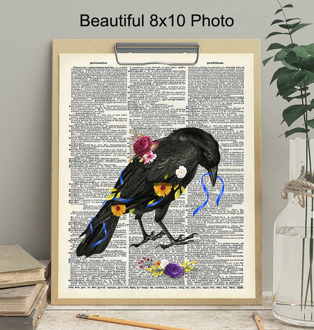Floral Black Raven Wall Art – Gothic Crow Home Decor – Gift for Edgar Allan Poe, Goth Fans, Women – Cool Medieval Decor Picture Print for Bedroom,