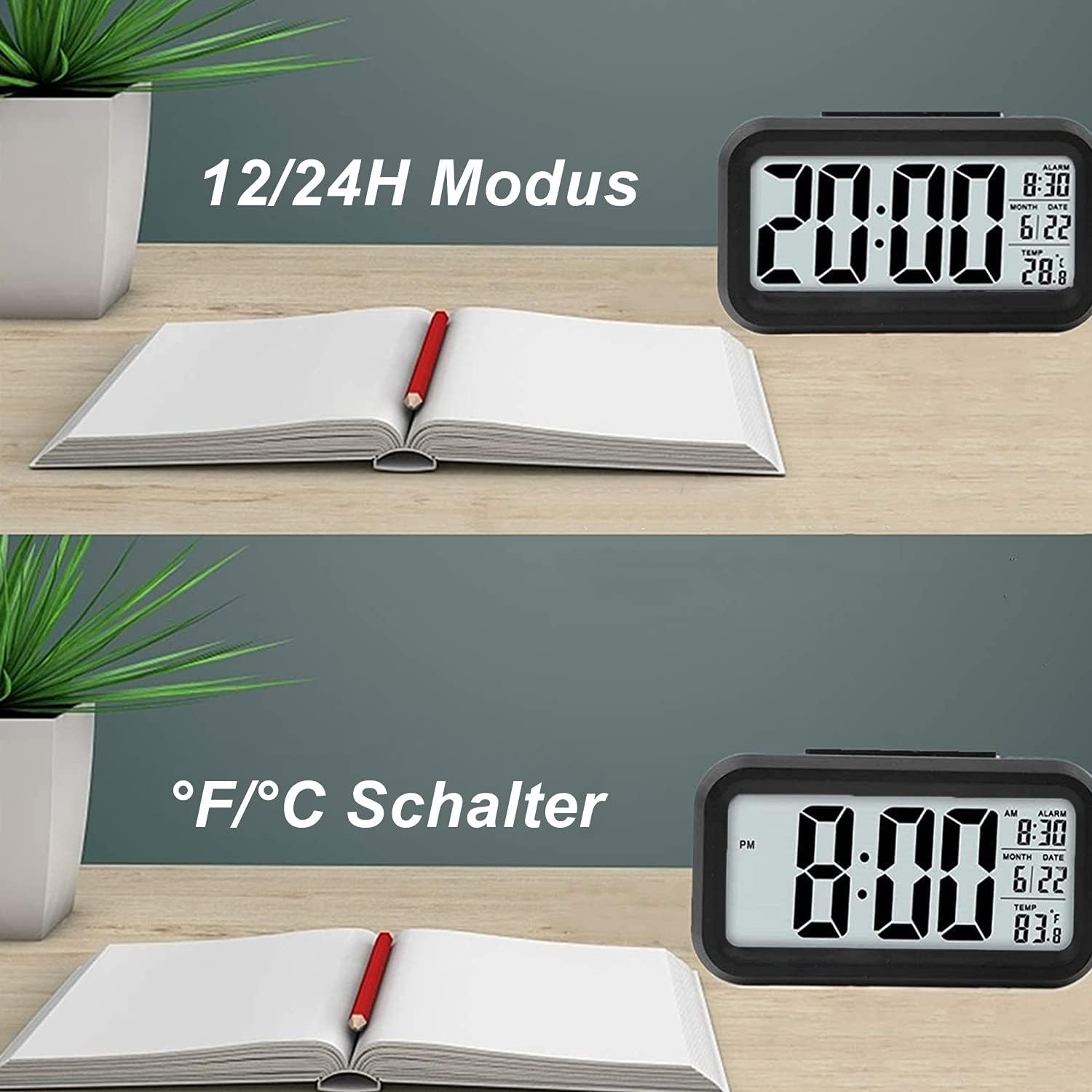 Lesipee Reloj despertador digital para dormitorio, funciona con pilas, reloj de escritorio para regreso a clases, reloj digital con luz nocturna