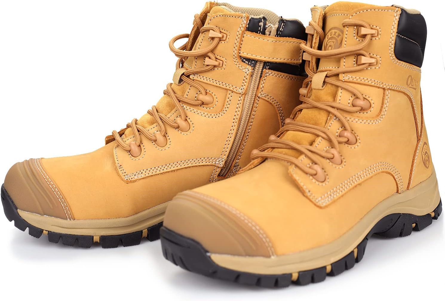 OUXX Botas de trabajo para hombres, impermeables, punta de acero YKK con cremallera antideslizante de cuero, a prueba de pinchazos, transpirables,