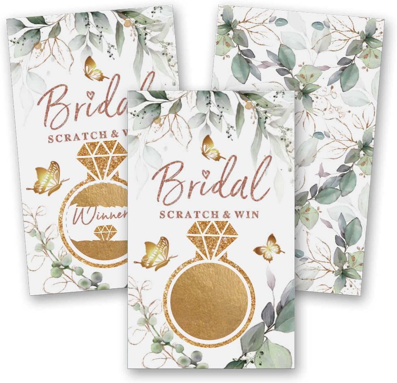 Tarjeta para raspar para despedida de soltera, paquete de 50 unidades, eucalipto dorado mariposa verde jardín, juego de lotería de despedida de