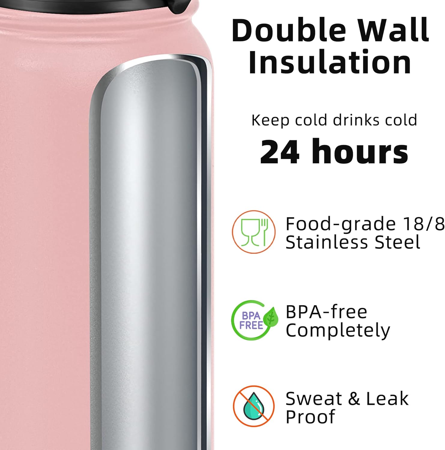 Fanhaw Botella de agua de acero inoxidable aislada de 40 onzas con tapa para beber, a prueba de fugas y sudor, con tapa antipolvo (rosa)