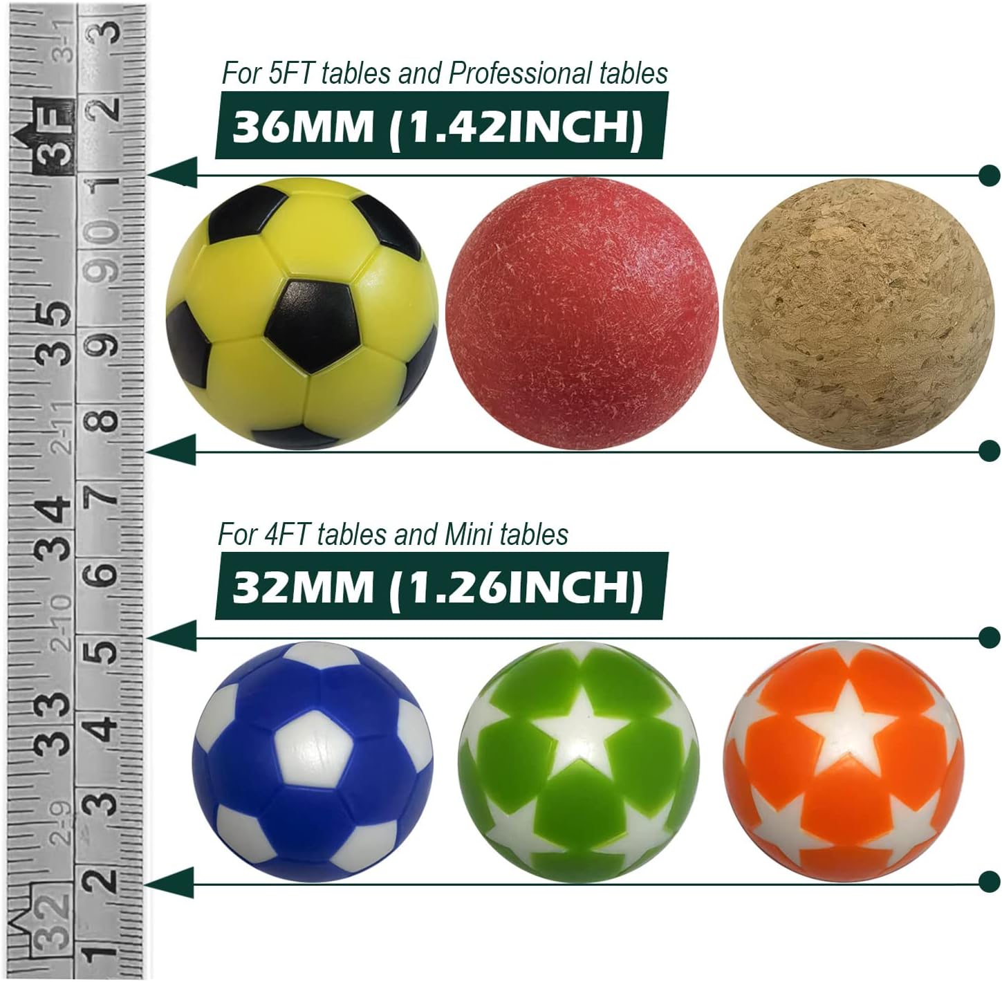 Pelotas de mesa de futbolín de 1.42 pulgadas de 1.26 pulgadas para futbolín, juego de mesa, accesorios de futbolín, reemplazos multicolor con una