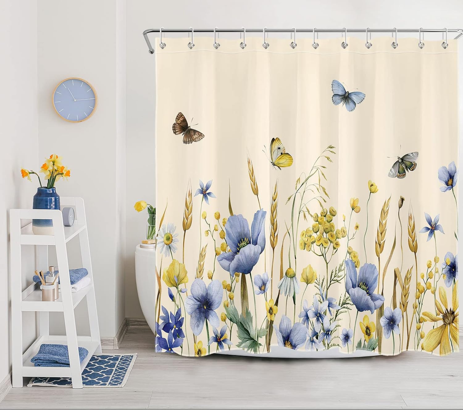 Cortina de ducha rústica con flores silvestres azules y amarillas sobre beige, juego de cortina de ducha para baño, cortina de baño de tela rústica