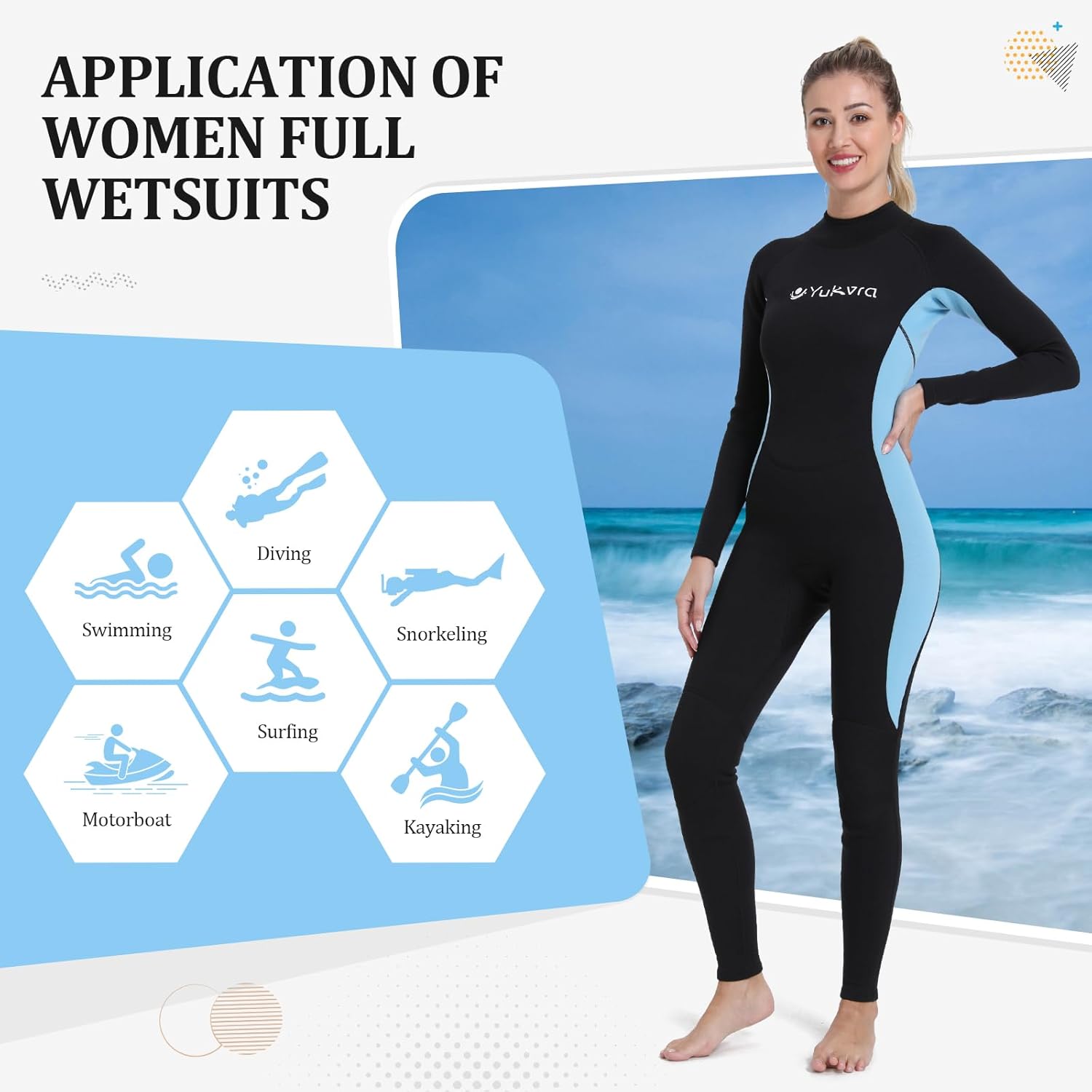 Yukvra Full Body Mens Women Wetsuit Long Sleeves Wet Suit 3mm Neoprene Jumpsuit for Diving Snorkeling Kayaking Surfing Water Sports