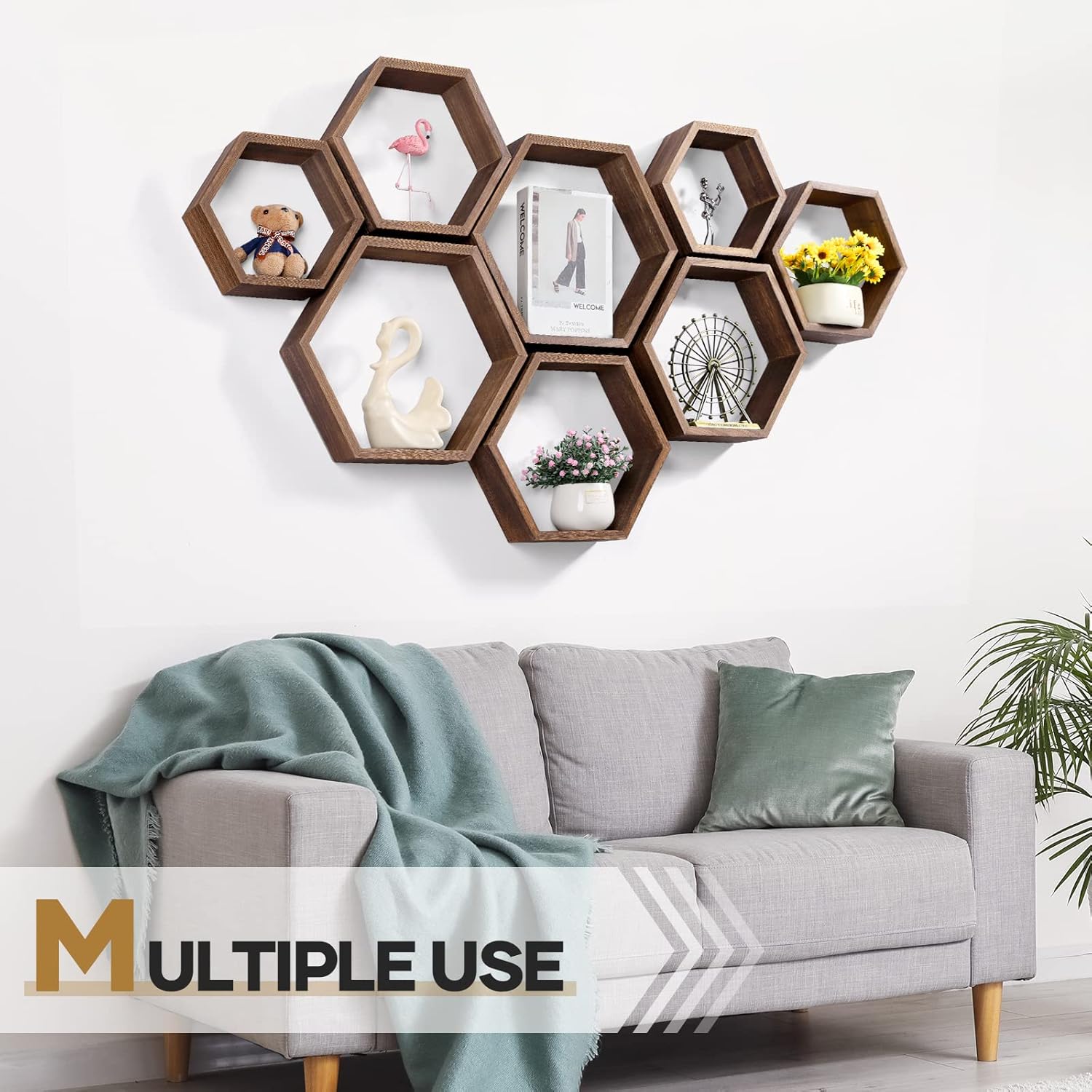 SEHERTIWY Paquete de 8 estantes flotantes hexagonales, estante de pared de nido de abeja de madera marrón para casa y oficina