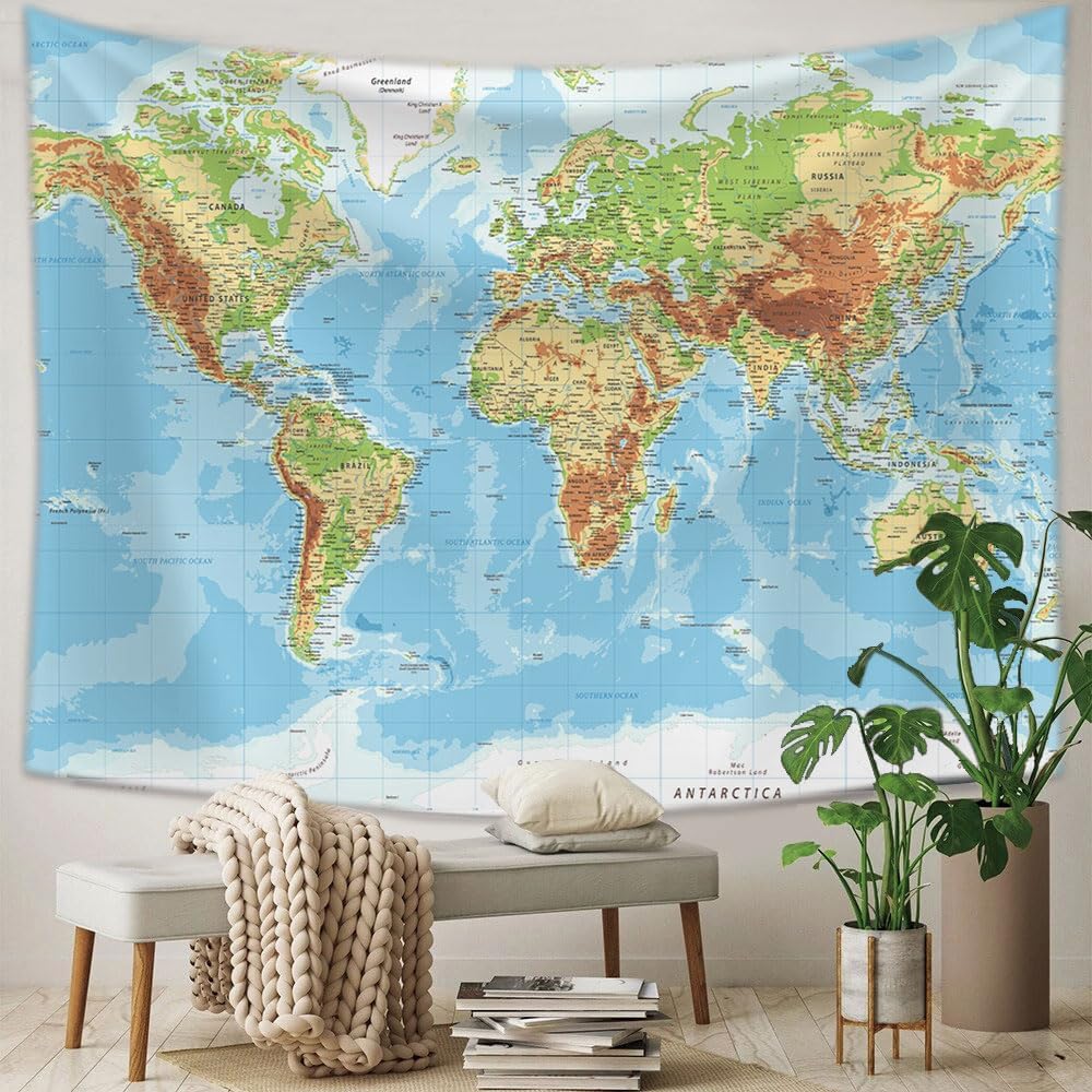 Tapiz del mundo del mapa, tapiz educativo para colgar en la pared para sala de estar, dormitorio, oficina y aula, póster decorativo de pared, 60 x