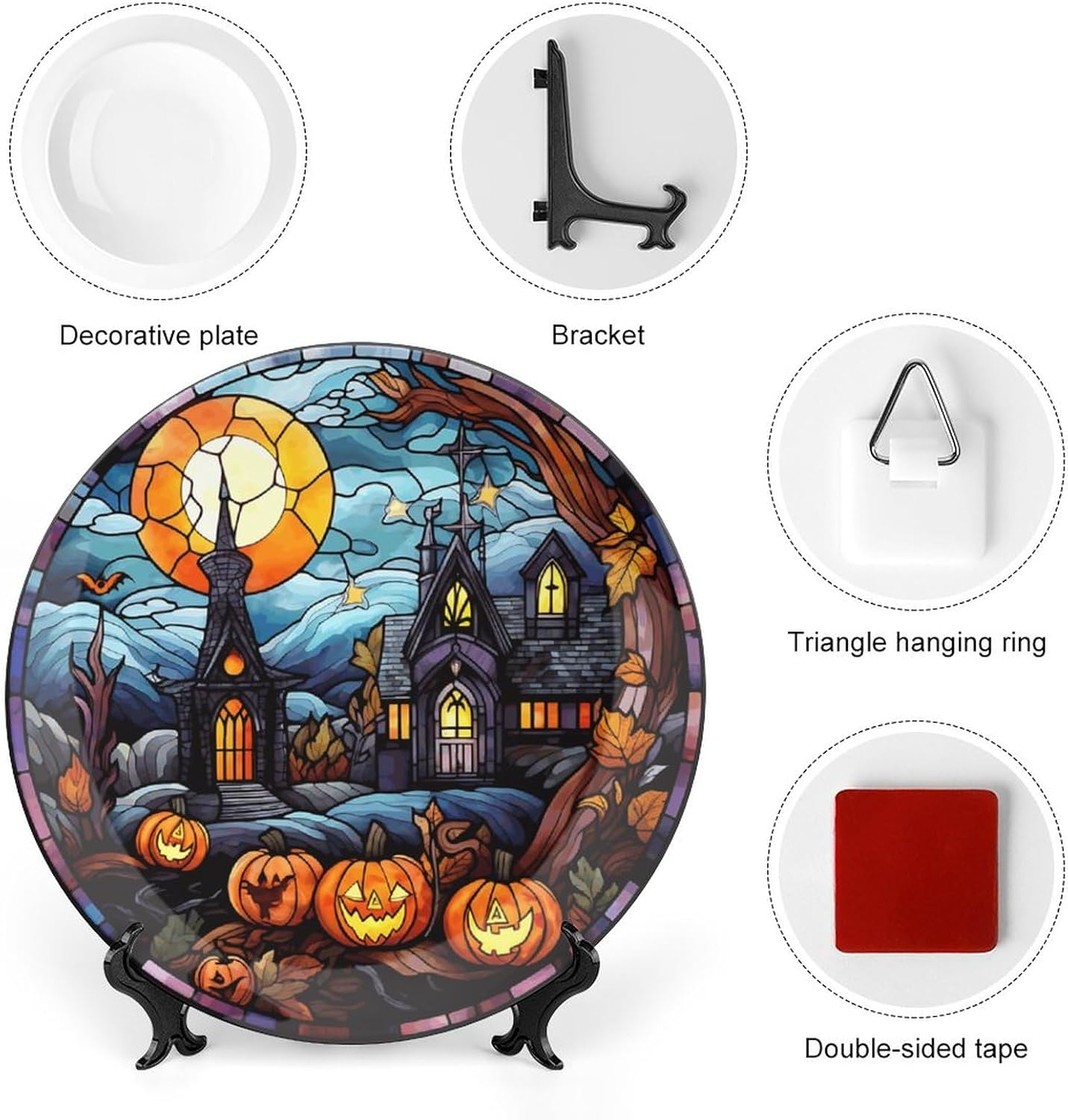 Platos decorativos de Halloween, diseño de casa embrujada, escena nocturna, vitral, placa de cena de cerámica para el hogar con soporte de