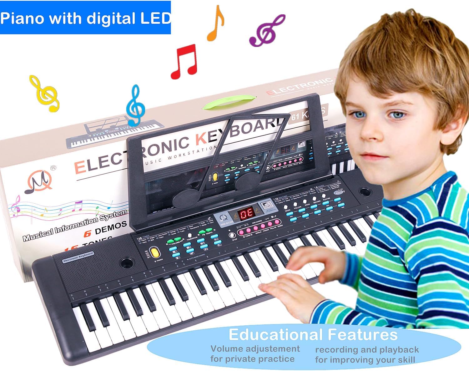 Teclado Piano Digital Eléctrico Teclado de Música Teclado Electrónico de 61 Teclas para Cumpleaños para Niños Principiantes con Soporte de Hoja
