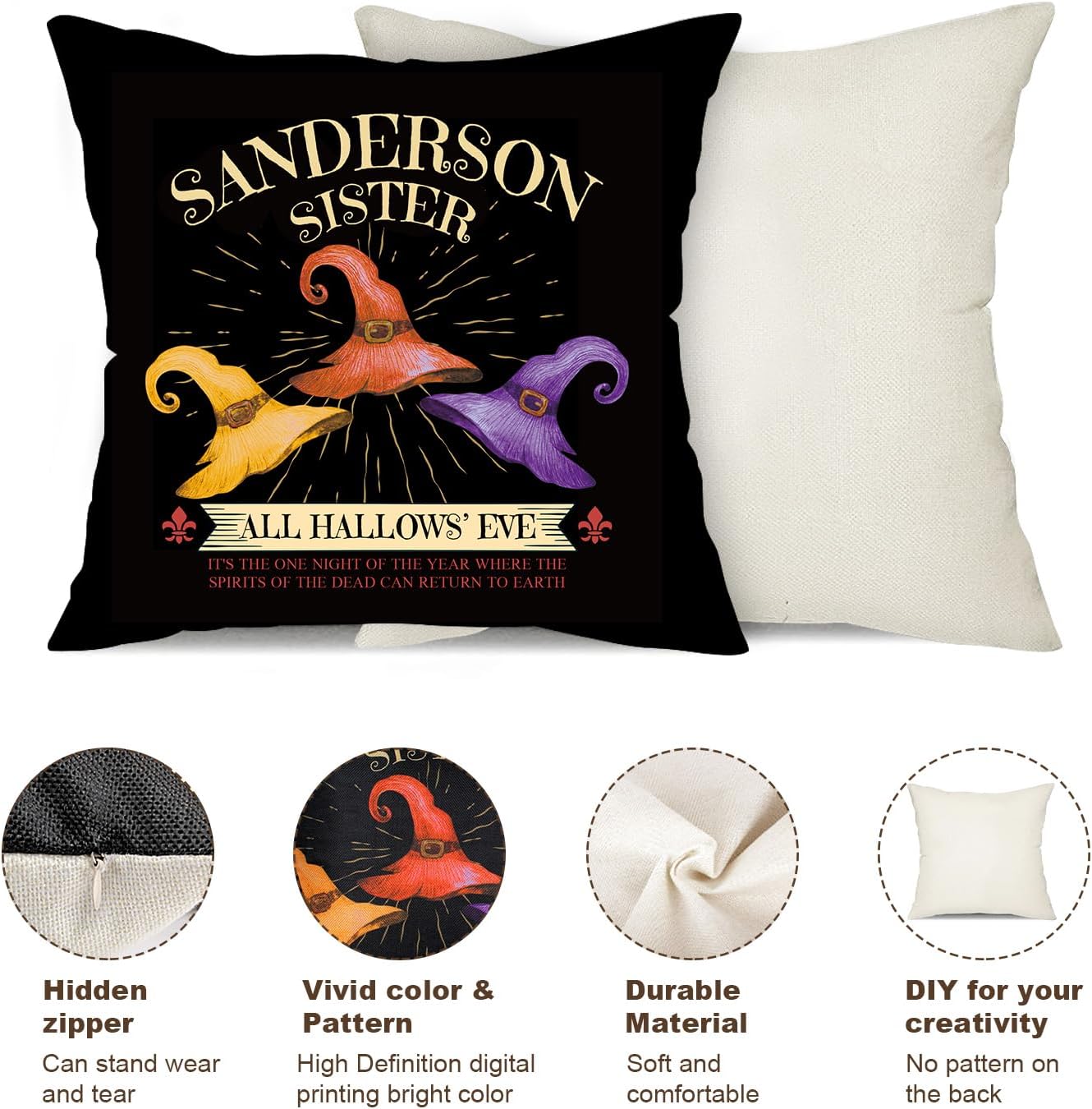 Fundas de almohada de Halloween de 18 x 18 pulgadas, juego de 4 fundas de almohada de Hocus Pocus, Amuck y castillo, color negro, Sanderson Sisters