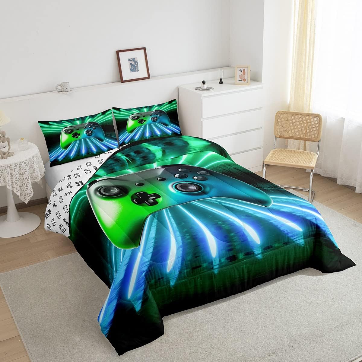 Erosebridal Juego de edredón con estampado de consola de videojuegos, color verde y azul, juego de ropa de cama tamaño Queen moderno con estampado