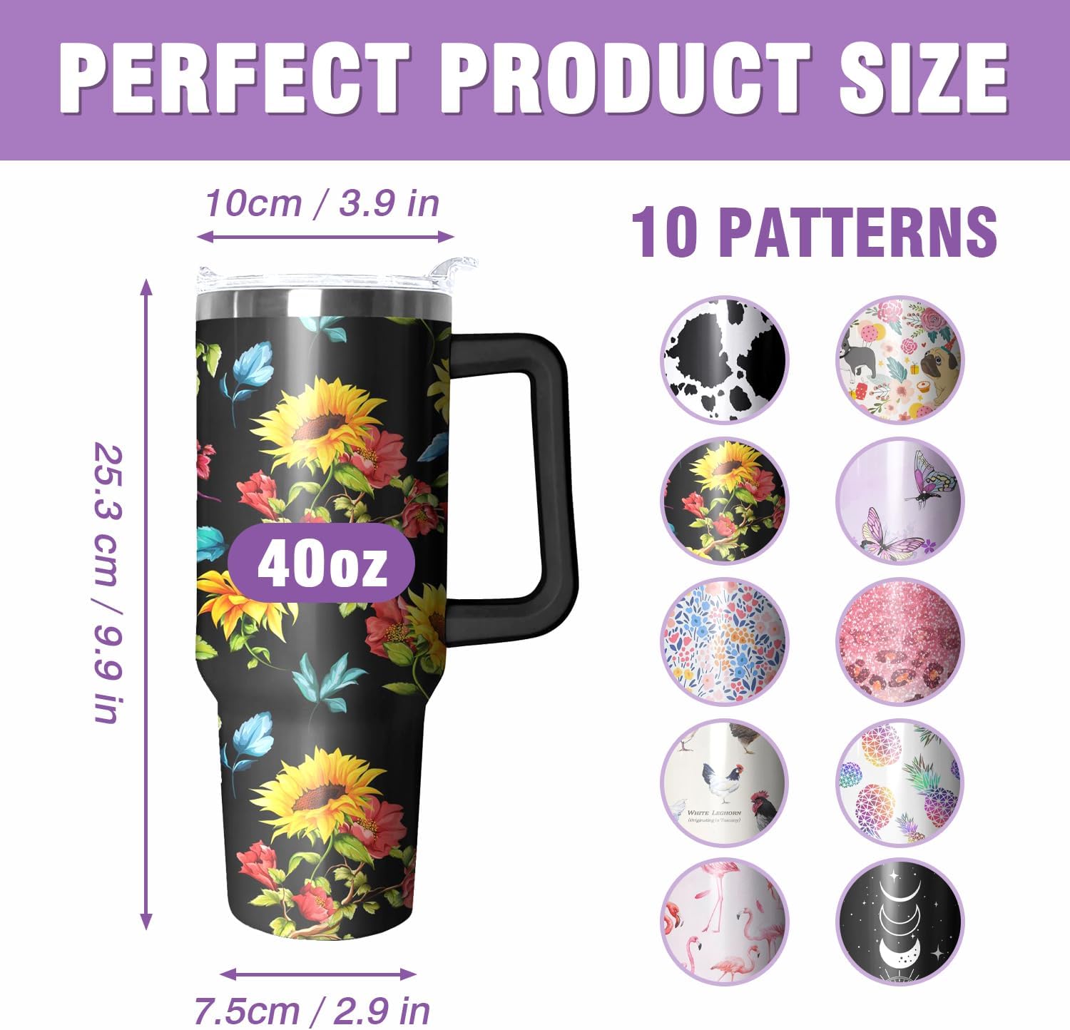 Vaso de 40 onzas con asa y tapa con pajilla, Sumflower de doble pared al vacío, botella de agua caliente o fría, reutilizable, taza de viaje de