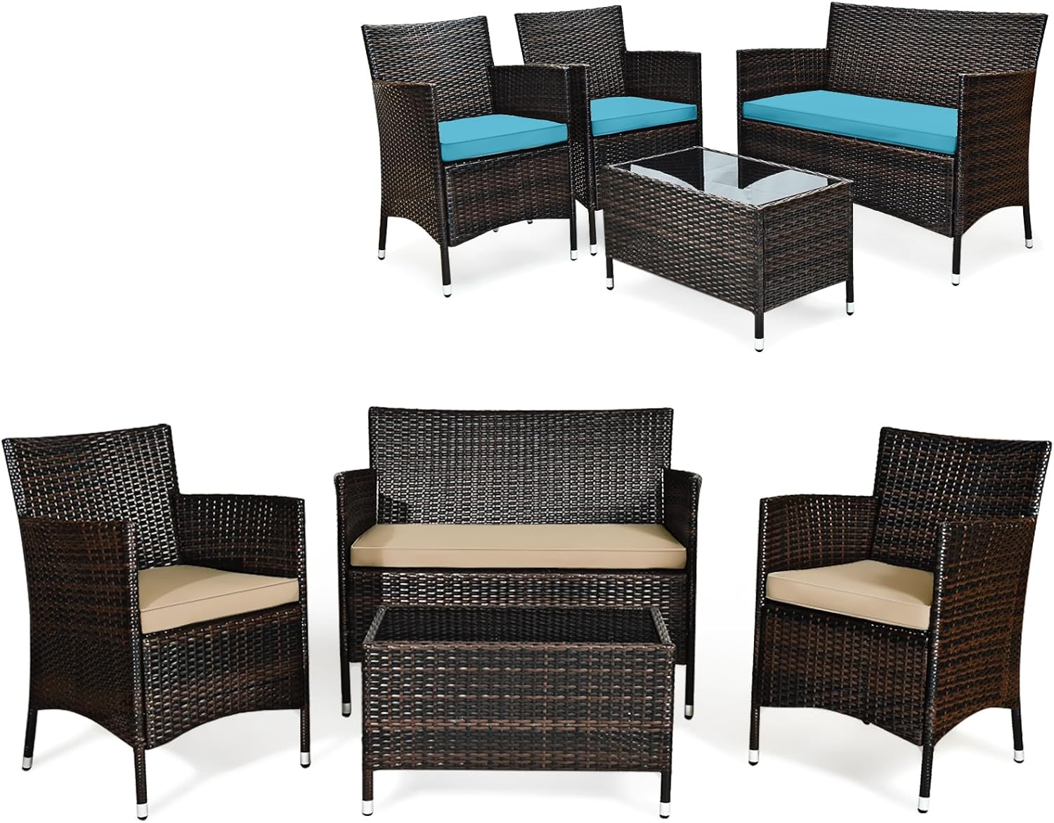 Juego de sofá de patio de 4 piezas, juego de conversación de mimbre con respaldo curvado ergonómico, juego de muebles de ratán para patio con cojín