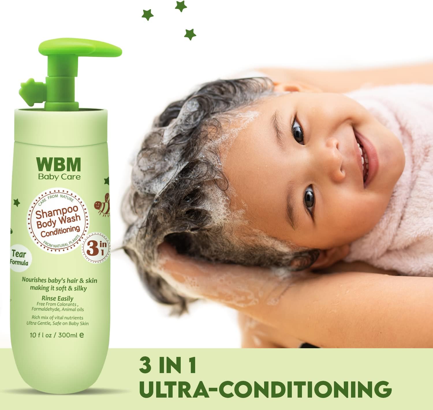 Care 3 en 1 Baby Shampoo, enriquecido con miel, germen de trigo y aceite de oliva orgánico, nutre el cabello del bebé con una fórmula suave y sin