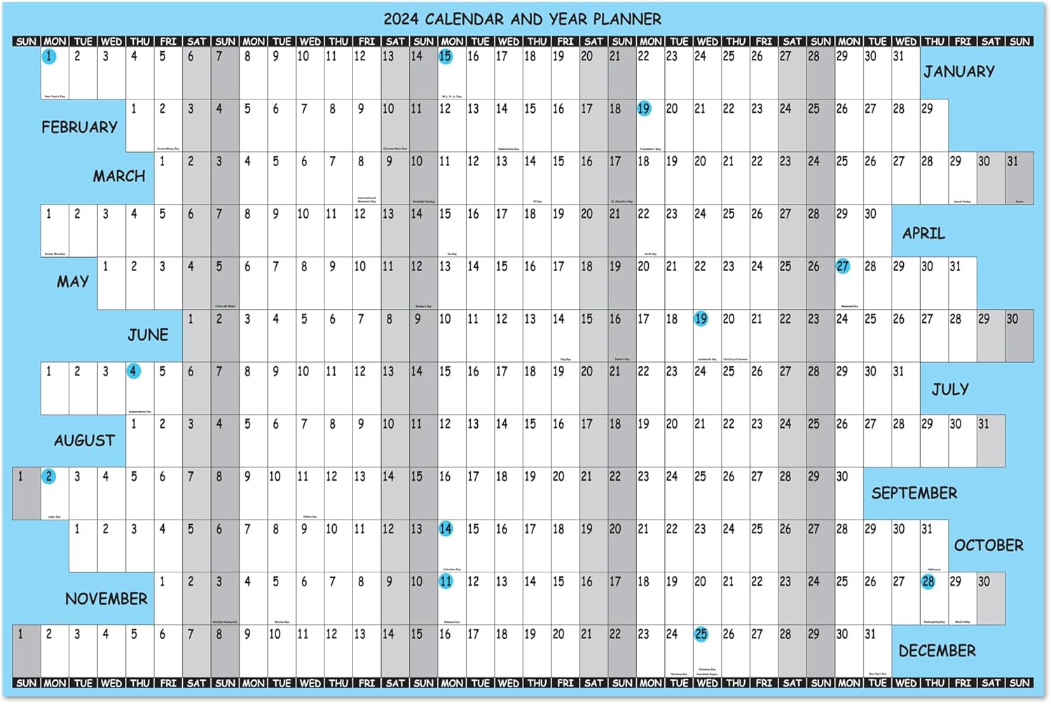 Calendario de pared 2024 grande, planificador de pared anual anual mensual de 12 meses, tamaño 24 x 36 pulgadas