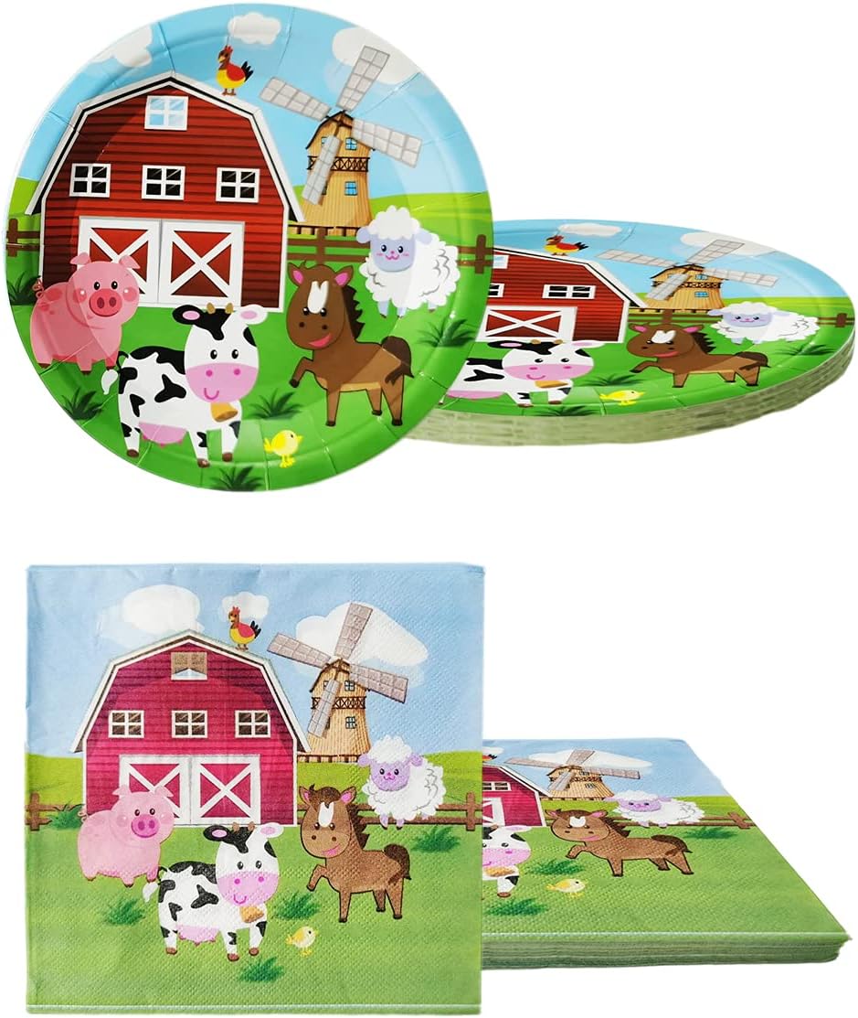 Juego de vajilla de fiesta de animales de granja, 20 platos y 20 servilletas y mantel de 71 x 42 pulgadas, suministros de decoración de fiestas