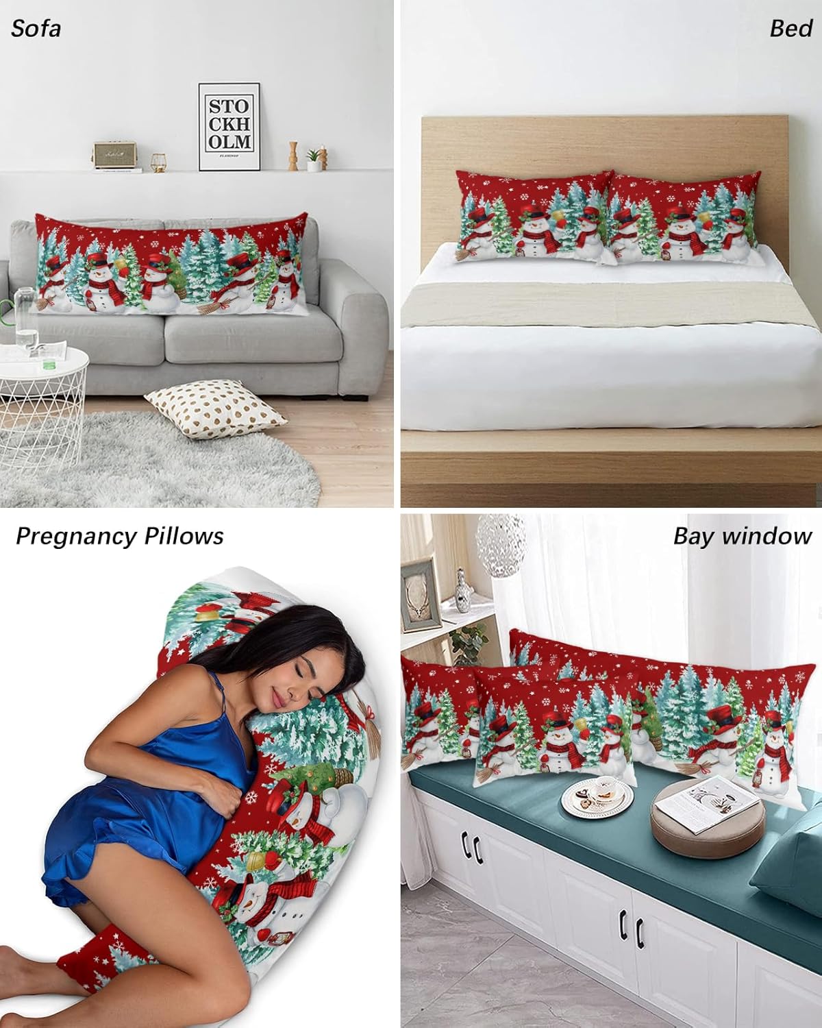 Funda de almohada con cuerpo de muñeco de nieve rojo, fundas de almohada suaves decorativas de lujo para sofá largo lumbar con cierre de sobre,
