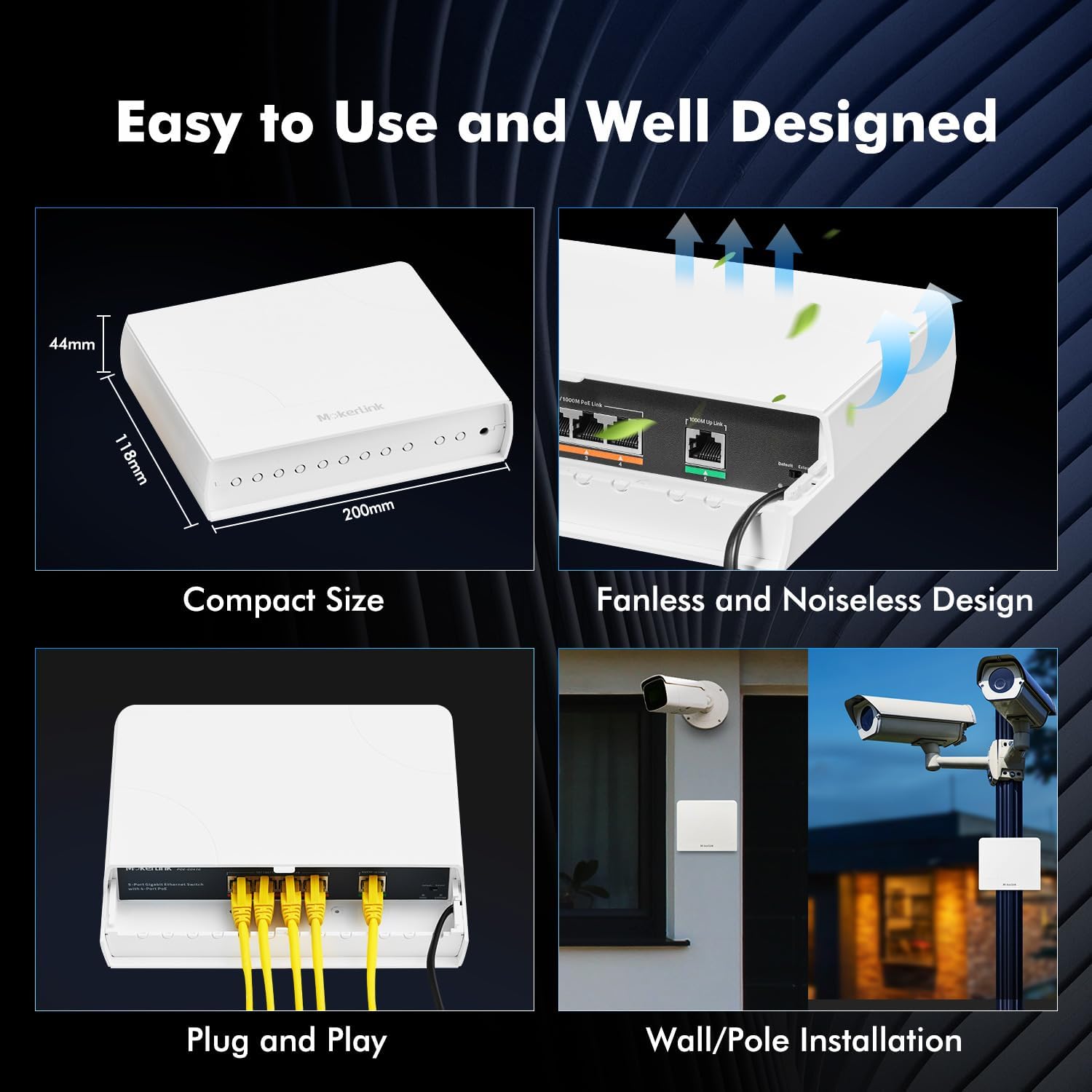 MokerLink Interruptor POE Gigabit para exteriores de 5 puertos, con 4 puertos POE+ de 1000 Mbps, 78 W IEEE802.3afat, interruptor sin ventilador Plug