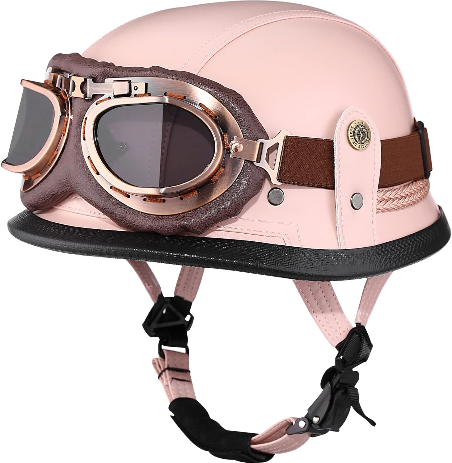 Medio casco de motocicleta retro alemán hecho a mano de cuero de media cara hebilla de liberación rápida y gafas – aprobado por DOT