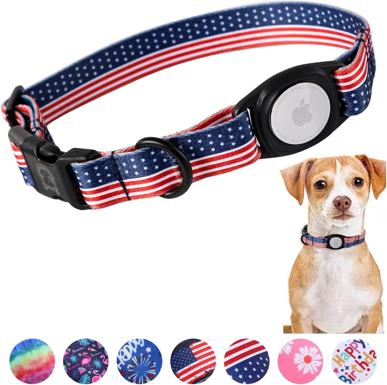 MR.CHUBBYFACE Airtag – Collar de perro para el 4 de julio con soporte para Airtag de Apple para perros pequeños, medianos y grandes
