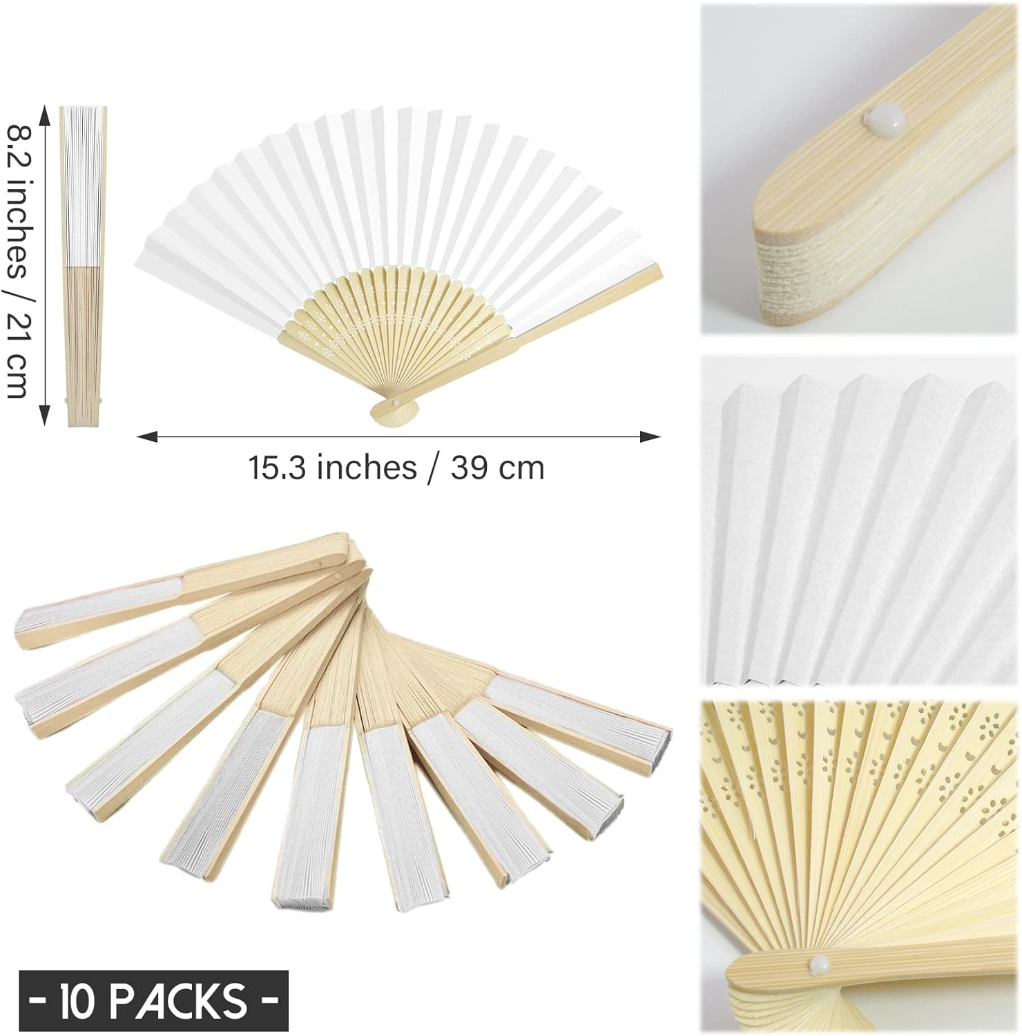 Paquete de 10 ventiladores plegables de bambú blanco, ventilador de mano, ventilador plegable de papel para fiesta de boda y decoración del hogar