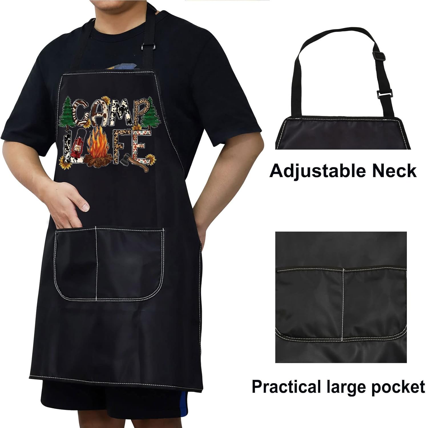 WZMPA Delantal de campamento con bolsillos, delantal de cocina para campamento, regalos para campistas, delantal ajustable para amantes de los