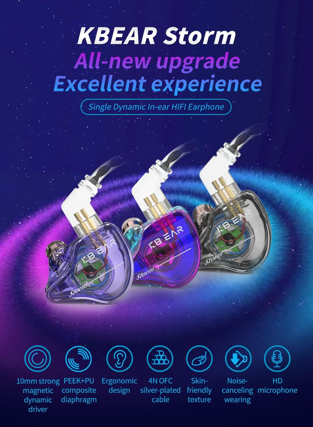 YINYOO KBEAR Storm – Monitor intrauditivo con cable 1DD, auriculares profesionales con cable IEM con sonido cristalino, auriculares enchufables de