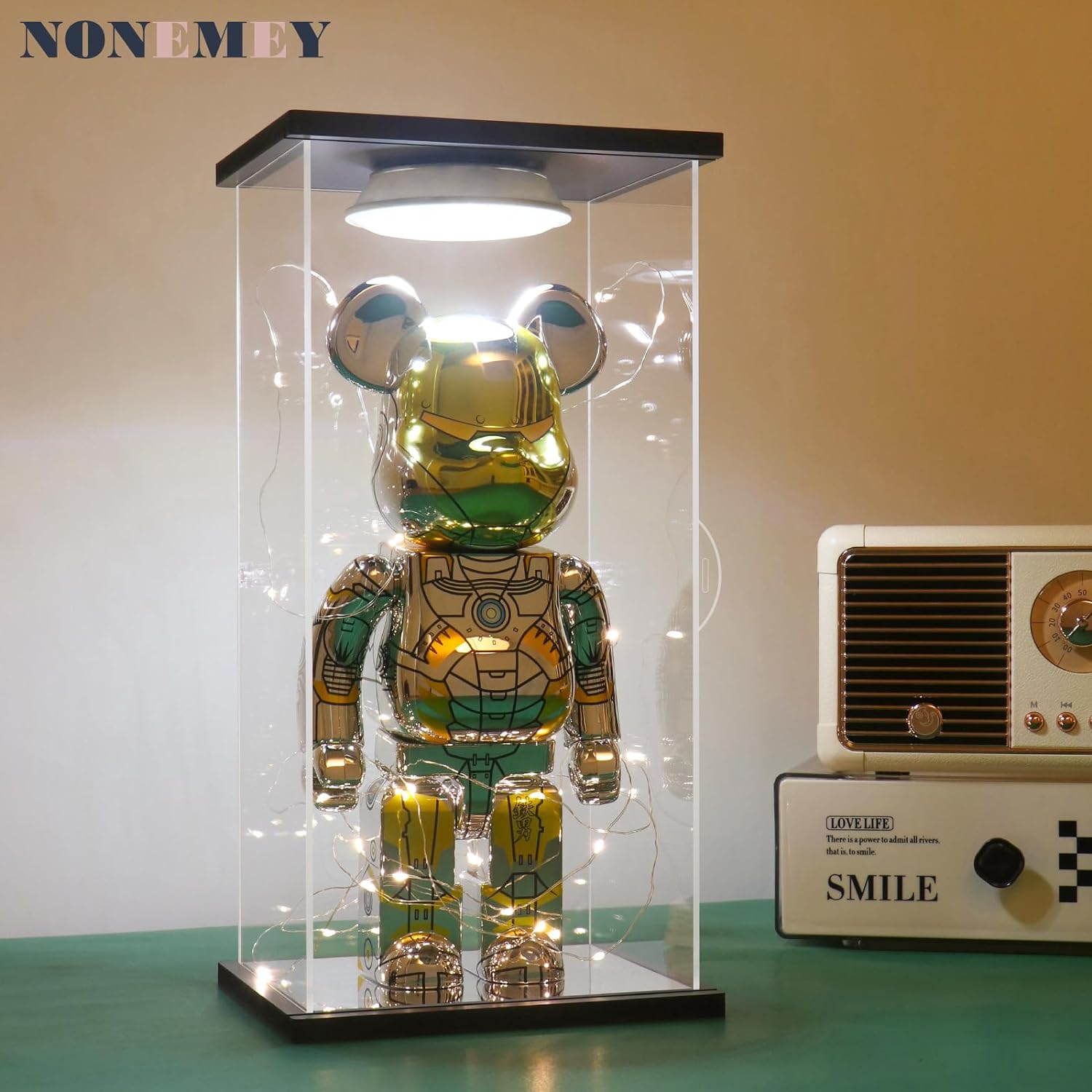 NONEMEY Vitrina de acrílico transparente con luz de control remoto para 400% Bearbrick, modelo a prueba de polvo, caja organizadora para