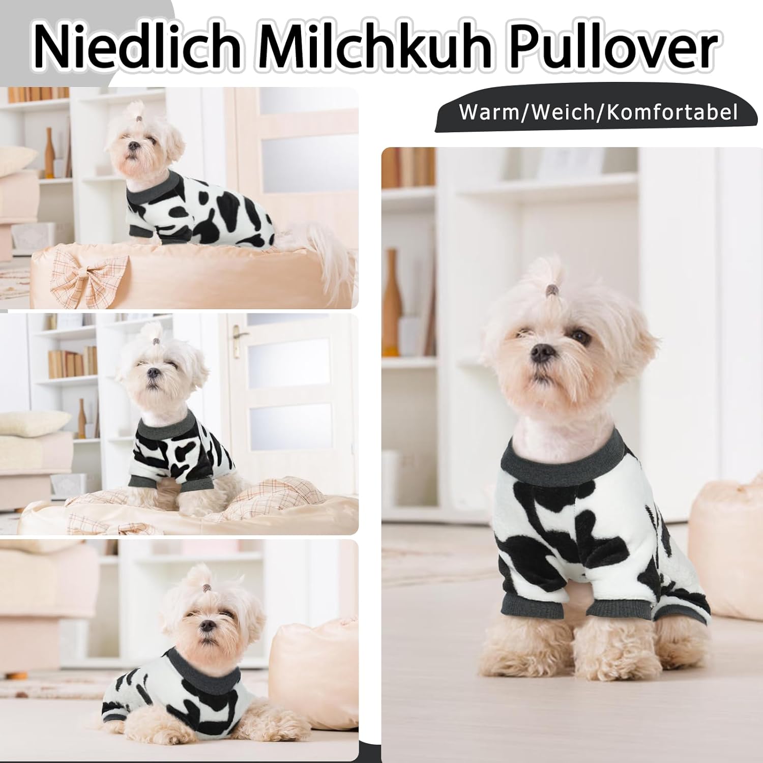 DENTRUN Ropa cálida de invierno para perros pequeños, disfraz divertido de suéter de vaca con leche, disfraz de perro y gato, pijama de franela suave