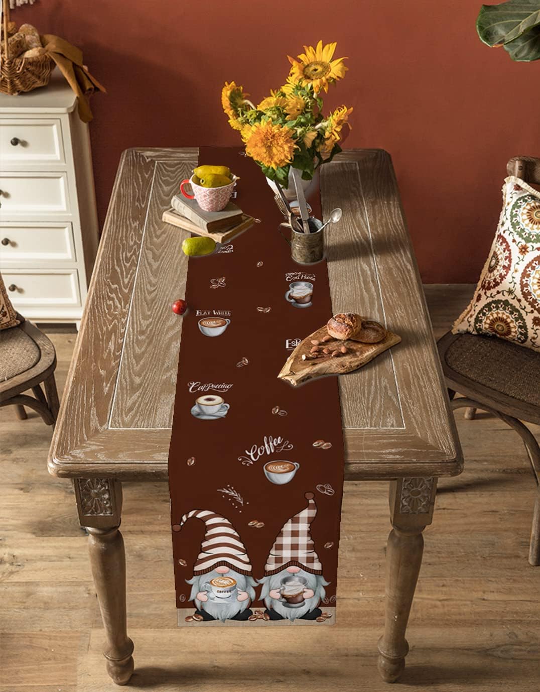 Coffee Time – Bufandas de mesa marrones, lindos gnomos de granos de café, lino y algodón, caminos de mesa para cocina, comedor, cafetería,
