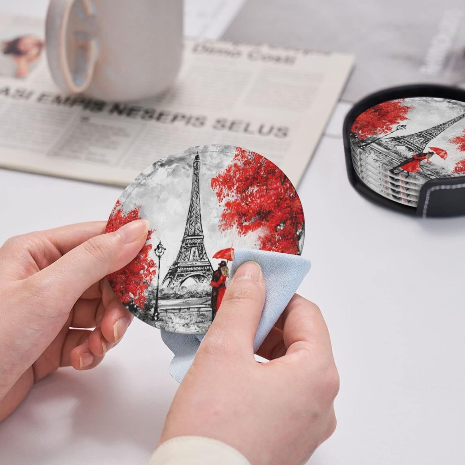 6 posavasos de cuero para bebidas con soporte rojo Eiffel Lovers París, juegos de posavasos para mesa de bebidas, posavasos para cocina, decoración