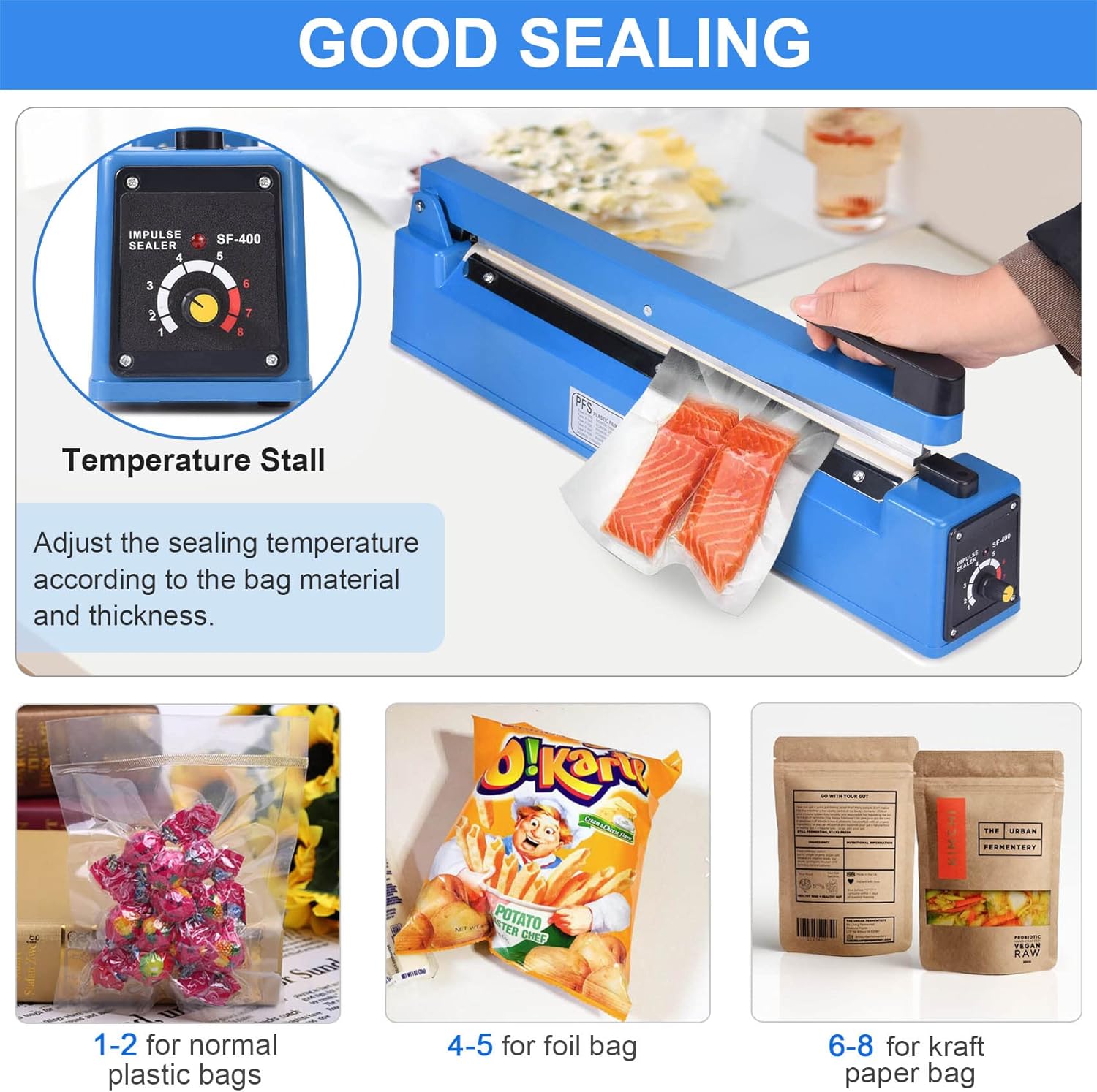 Sellador de bolsas de impulso de 16 pulgadas, máquina selladora manual de bolsas de polietileno con temporizador ajustable y cierre térmico con 50