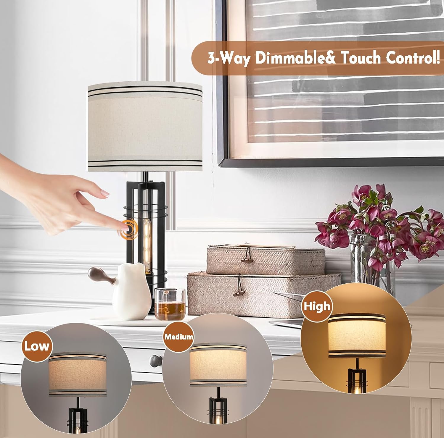 Lámparas de mesa de 27 pulgadas con 2 luces para sala de estar, control táctil, juego de 2 lámparas de mesa altas, lámparas de mesa regulables de 3