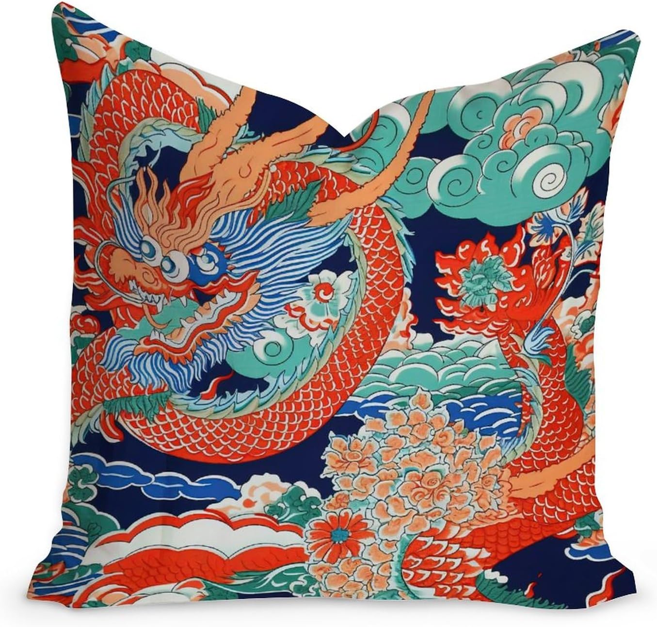 MangGou Funda de cojín tradicional china china para sofá, color azul, verde azulado, índigo, dragón asiático, dragón, naranja, aguamarina, turquesa,